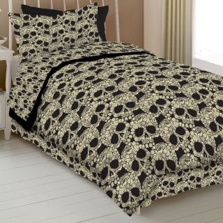 Queen Size Flower Skull Comforter Set W/Bedskirt 