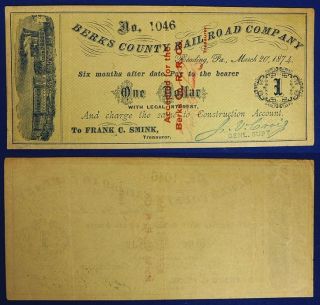 Obsolete Currency $1 Berks County Railroad 1874, PA (CG017)