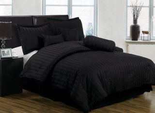 7pcs Black Cotton Damask Stripe Comforter Set Bed in a bag Queen