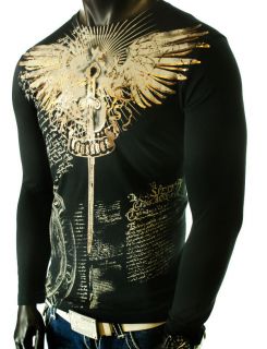 NEW MENS BLACK LONG SLEEVE UFC MMA GOLD FOIL CLUB WINGS GRAPHIC CHAIN 