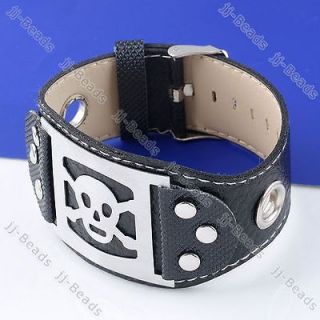   Punk Men Black Leather Stainless Steel Skull Watch Belt Bracelet Cuff