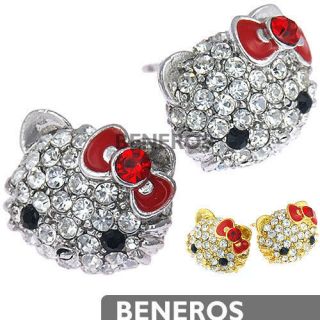 Cute Hello Kitty Stud Earrings Red Bow with Swarovski Crystals Silver 