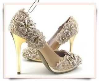   Champagne Vintage Flower Crochet Lace Wedding Bridal Pumps Shoes 7