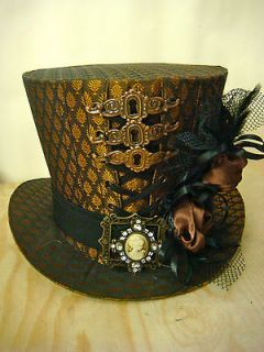 Steampunk Handmade copper Taffeta Top Hat with roses and keyhole 