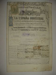 1854 La Espana Industrial Bond Stock Certificate Barcelona Spain