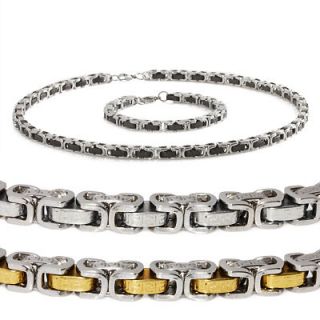 Mens Stainless Steel Link Chain Necklace & Bracelet Set w/Engraved 