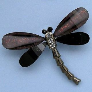 Dragonfly Insect Fashion Brooch Pin Gray Black Stone Crystal Antique 