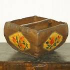   CHINESE PAINTED WOOD RICE GRAIN MEASURE BUCKET CARRIER YELLOW & BROWN