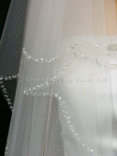 2T White Bridal Fingertip Length Scallop Beaded Edge Wedding Veil