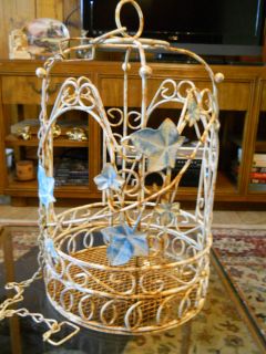  White Metal Wire with Green Leaves Hanging Bird Cage with Chain