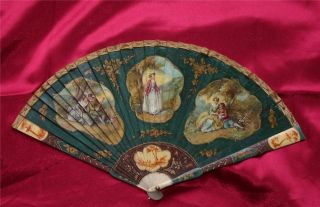 ANTIQUE VERNIS MARTIN HANDPAINTED ON OX BONE FAN DOUBLE FACED