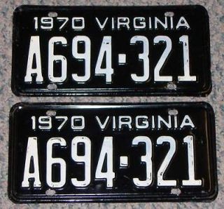   MATCHED PAIR 1970 VIRGINIA CAR LICENSE PLATES  VA TAGS YOM OLD  A694