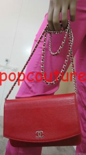 Chanel Red Caviar Leather WOC Wallet on Chain Bag Flap CC Logo Clutch 