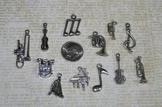 LEAD FREE 12pcs Silver Music Instrument Charm Pendant Set Lot Jewelry 