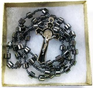 Mens Hematite Beaded Cross All Black Rosary Necklace