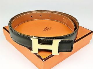 HERMES Black and Brown Reversible Leather Belt with Goldtone H Buckle 
