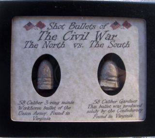  Civil War Bullets in Matted Display Case North vs South Fired Bullets