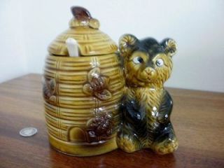Vintage Ceramic Cross Eyed Honey Bear with Honey Jar   Too cute