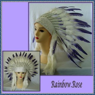 INDIAN Woman Headdress 55cm WHITE / PURPLE Unisex Deluxe Native 
