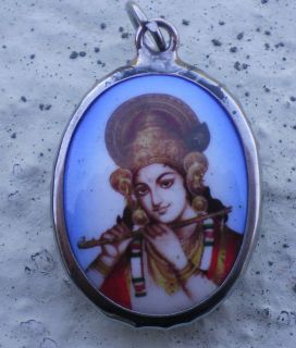 Hindu Deity Pendant Metal and Enamel KRISHNA w/ Blue Background