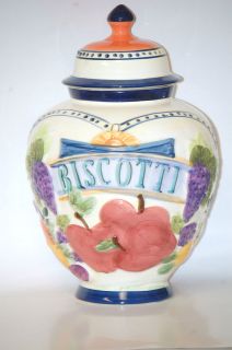 Large 12 Ceramic Biscotti Jar Multi Colored Fruit Motif w/ Freshness 
