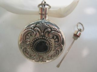 Sterling Silver perfume bottle round engraving vintage design w/ Onyx