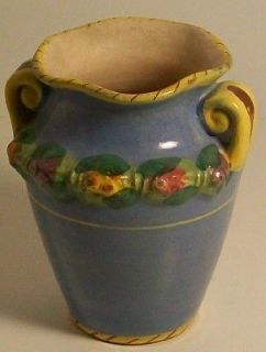   BLUE DOUBLE HANDLED EUROPEAN POTTERY VASE WITH FLOWERS SIGNED ITALY