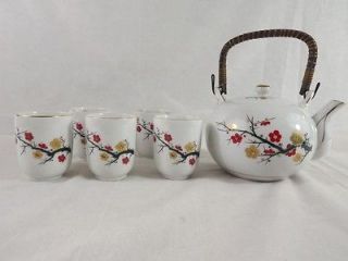 Japanese Cherry Blossom Tree Tea Set Wrapped Handle Teapot & 5 Cups 