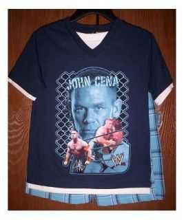 WWE Wrestling John CENA Shirt & Shorts Sz 8 NeW Blue Plaid 2pc Set 