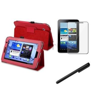 Red Stand Leather Case Cover Skin+Blk Pen+Clear SPT For Samsung Galaxy 