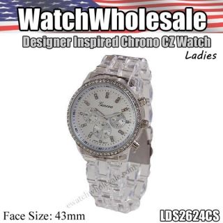 LADIES DESIGNER INSPIRED CHRONO CZ WATCH CLEAR SILVER USA SELLER 