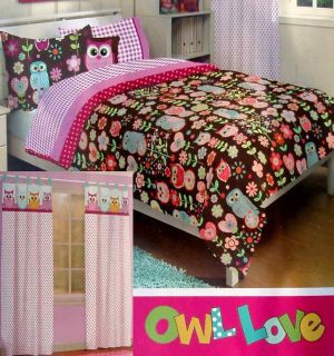 LOVE OWLS BROWN PINK FLORAL TWIN COMFORTER SHEETS DRAPES 5PC BEDDING 
