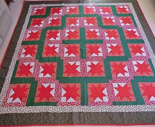 New Handcrafted Queen/King Red/Green Log Cabin Star Quilt