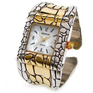 2Tone Silver Gold Croc Pattern Bracelet Womens Bangle Cuff WATCH