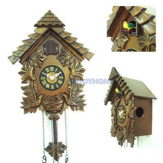   Hand Carved Roof Top Birds and Leaves Wooden Cuckoo Wall Clock w