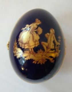 Vtg Limoges Porcelain Egg Box Cobalt Blue Gold Proposal Couple Hinged 
