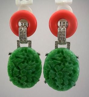   Jay Lane Poured Resin & Crystal CLIP ON Earrings 2 3/4 GREEN/CORAL