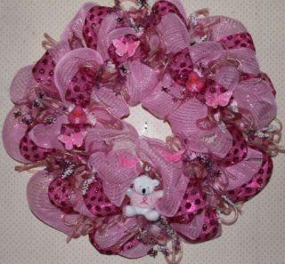 WREATH DECO MESH PINK FOR THE CURE WITH BEAR, ROSES, DUCKS 