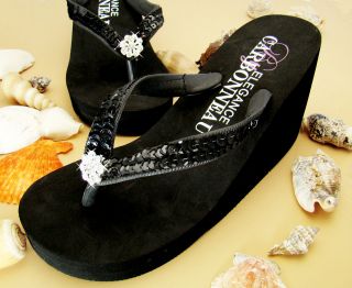 Crystal Beaded Flip Flop High Wedge Sandals Shoes White Black Silver 