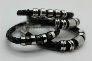 High Quality Black Leather Braided Titanium Bracelets Mens Women Gift 