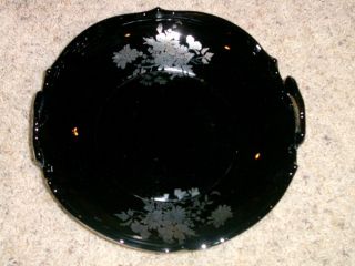 BLACK AMETHYST GLASS HANDLED FRUIT BOWL WITH SILVER FLORAL DESIGN 