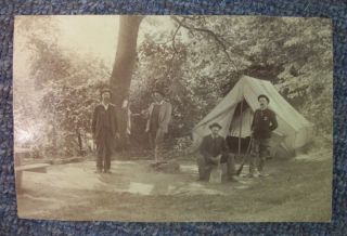Antique Camping Photo; Men with Tent, Gun, Fishing Net