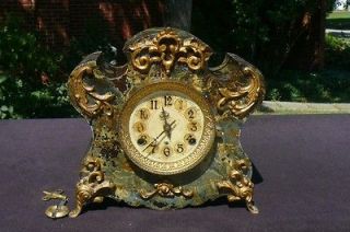 New Haven Marbelized Cast Iron Shelf Mantle Clock Deco Dial Ormolu 