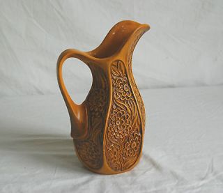 Vintage McCoy Vase Pitcher Orange Ochre Embossed Flowers Ceramic 618