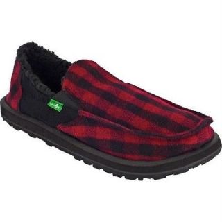 New Mens Sanuk LUMBERJACK CHILL Fleece Shoes Sandals 9 Red Black Plaid 