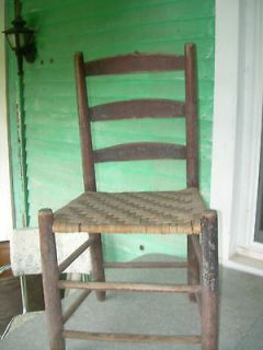 ANTIQUE 1800s LADDER BACK CHAIR OLD LAYERS PAINT BLUE SQUARE NAILS 