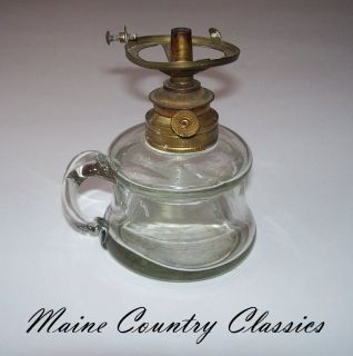 Antique 19th C. CLEAR GLASS WHALE OIL LAMP Applied Handle Brass Burner