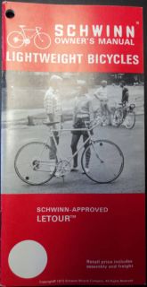 Original 1973 Schwinn LeTour Owners Manual CA