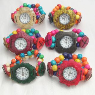 Colorful Coconut & Wood Stretch Bracelet Watches