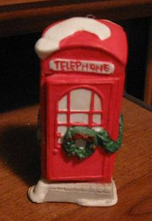 HAND PAINTED PORCELAIN BISQUE OLD FASHIONED TELEPHONE BOOTH ORNAMENT